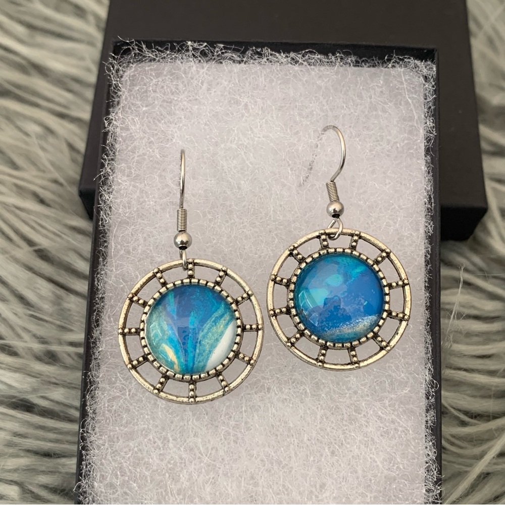 Handmade Fluid Art Earrings- Ocean Deep